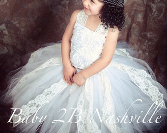 Vintage Flower Girl Dress White Satin Rosette with Ivory Lace  All Sizes