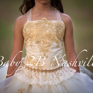 Gold Lace Dress Flower Girl Dress Ivory Dress Gold Dress Tulle Dress Party Dress Birthday Dress Wedding Dress Toddler Tutu Dress Girls Dress image 3