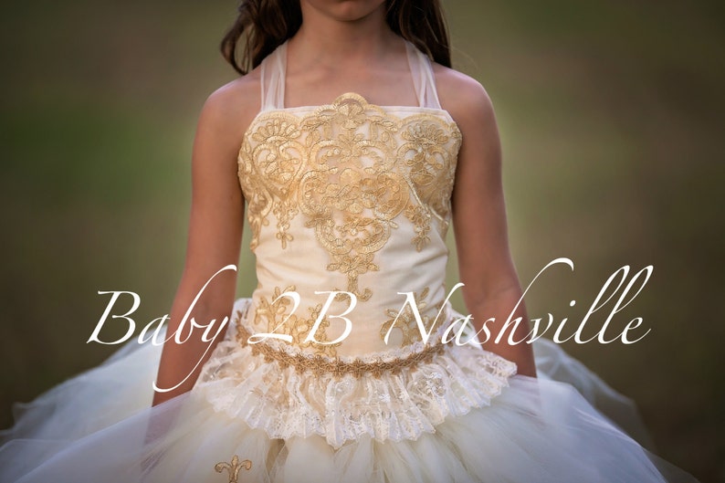 Gold Lace Dress Flower Girl Dress Ivory Dress Gold Dress Tulle Dress Party Dress Birthday Dress Wedding Dress Toddler Tutu Dress Girls Dress image 3