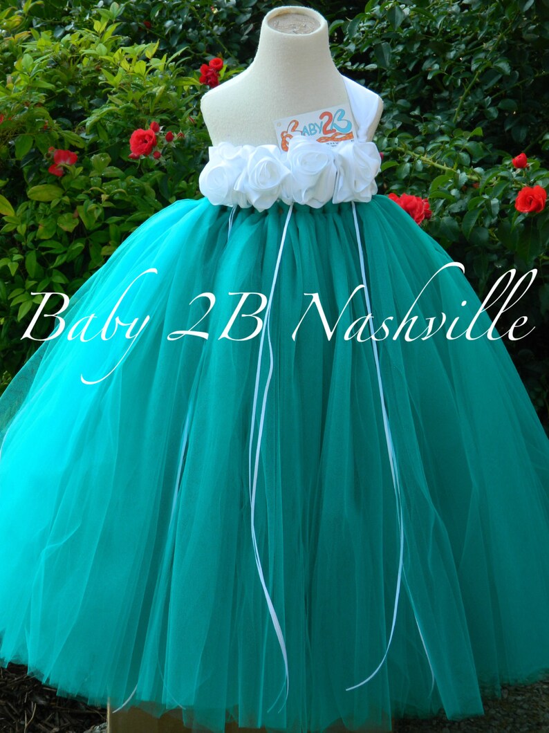 Teal Flower Girl Dress Wedding Flower Girl Dress in Teal and White Baby size 10 Girls image 1