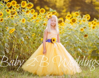 Yellow Sunflower Dress Royal Sash Blue Sash Lace Dress Tulle Dress Wedding Dress Toddler Tutu  Dress  Sunflower Girls Dress