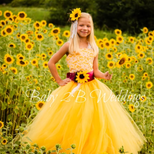 Yellow Sunflower Flower Girl Dress, Lace Flower Girl Dress, Tulle
