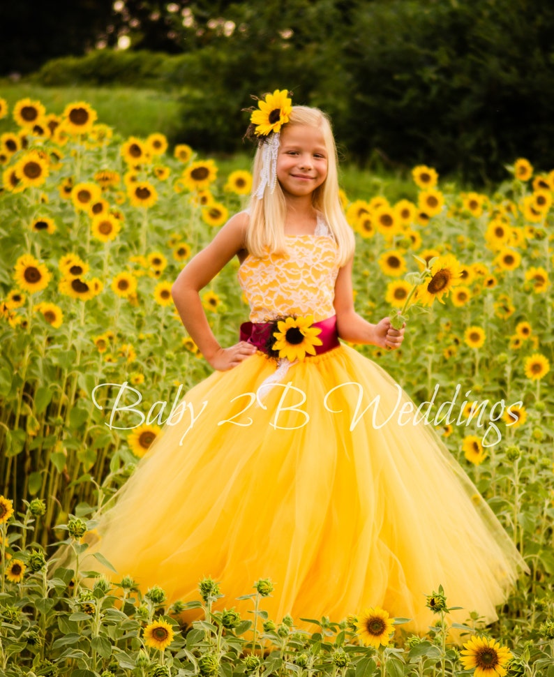 Yellow Sunflower Flower Girl Dress, Lace Flower Girl Dress, Tulle Dress, Wedding Dress, Toddler Tutu Dress image 2