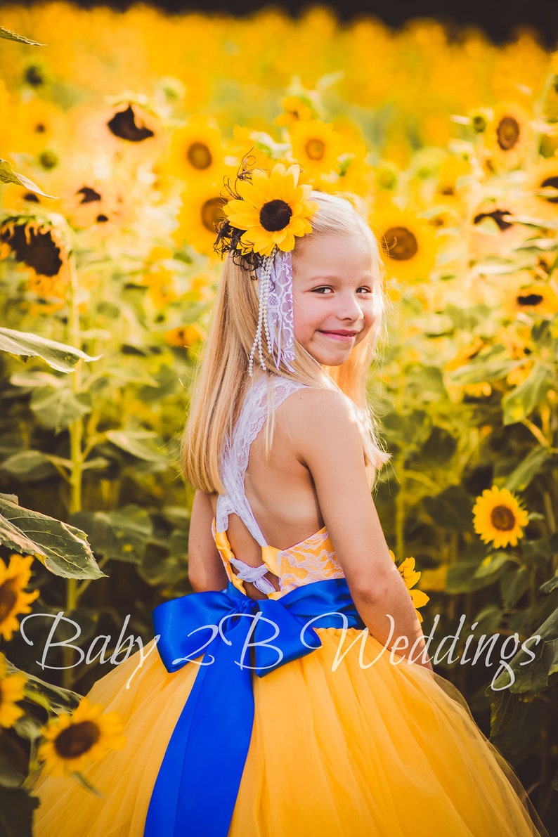 Yellow Sunflower Dress Royal Sash Blue Sash Lace Dress Tulle Etsy