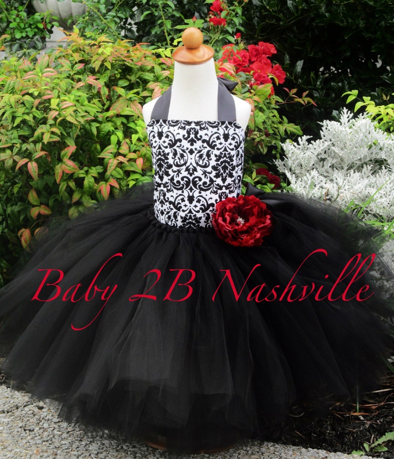 Black and White Damask Dress Flower Girl Dress Tulle Dress Wedding Dress Party Dress Birthday Dress Tutu Dress Toddler Tutu Girls Dress image 2
