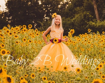 Yellow Sunflower Flower Girl Dress, Lace Flower Girl Dress, Tulle Dress, Wedding Dress, Toddler Tutu Dress