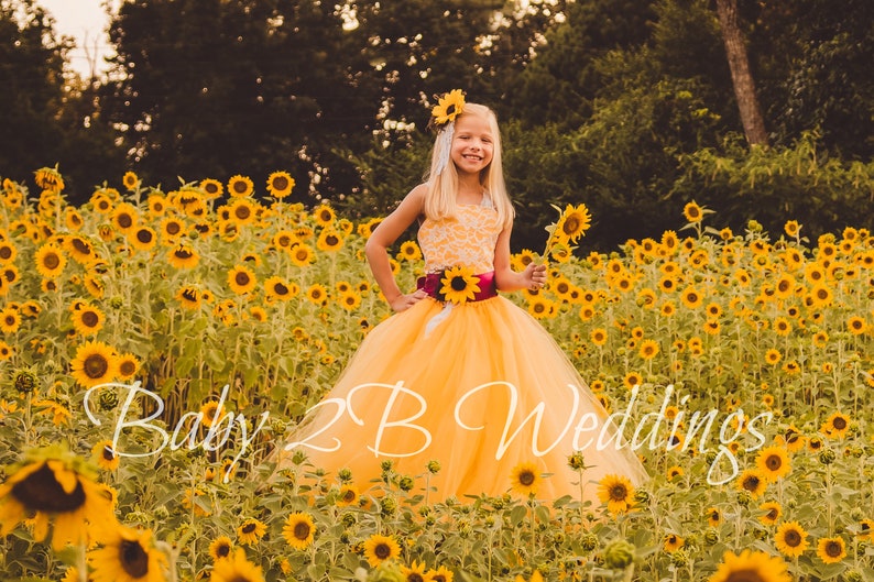 Yellow Sunflower Flower Girl Dress, Lace Flower Girl Dress, Tulle Dress, Wedding Dress, Toddler Tutu Dress image 1