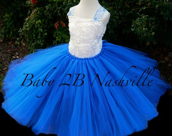 Flower Girl Dress in Ivory  Satin Rosette and Royal Blue  Wedding Flower Girl Dress All Sizes Girls