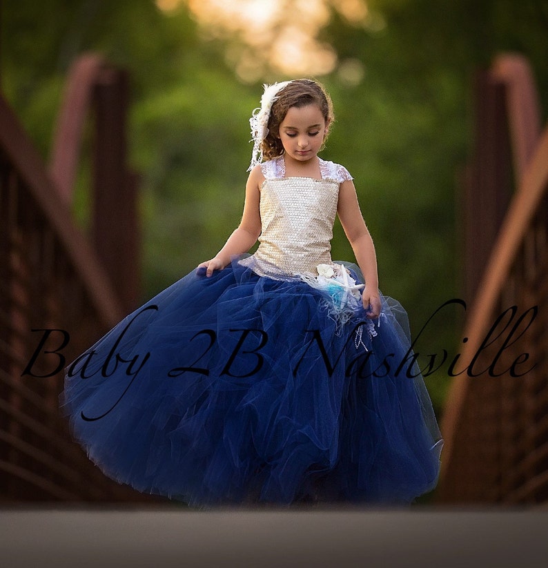 Gold Sequin Dress Flower Girl Dress Navy Dress Tulle Dress Wedding Dress Party Dress Birthday Dress Toddler Tutu Dress Girls Dress