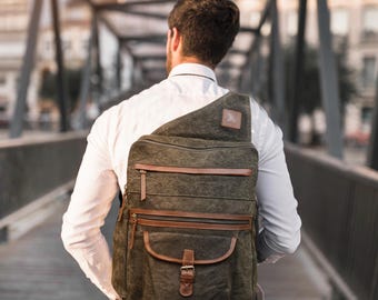 Uniseks gewaxte katoenen canvas schoudertas – leren accenten retro schoudertas voor school en kantoor