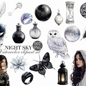 Night Sky Watercolor Clipart Stickers: Mystical PNG Bundle (107)