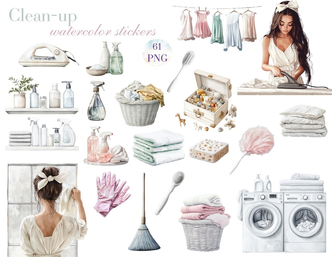 Clean Up Sticker Clean-up Watercolor Stickers Bundle | 61 PNG + PDF | Spring Cleaning ...