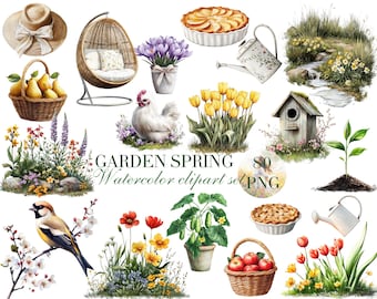 May include: A watercolor clipart set of 80 images featuring spring garden elements. The set includes a variety of flowers, plants, birds, a birdhouse, a swing, a pie, a basket of apples, a basket of pears, and watering cans. The images are perfect for creating spring-themed crafts, cards, and invitations.