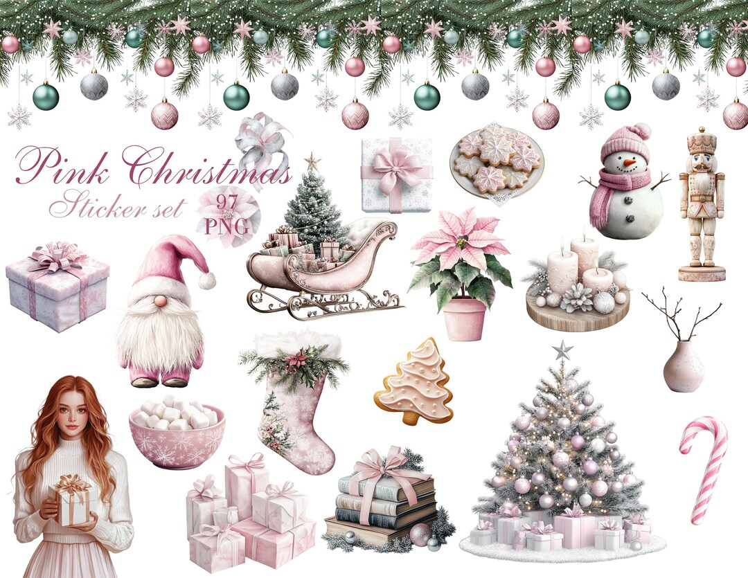 Pink Christmas Clipart Bundle | 97 Pastel Holiday PNG Stickers ...