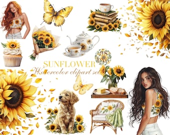Watercolor Sunflower Clipart: 98 PNG Stickers, Commercial Use