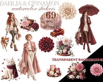 May include: A digital bundle of 69 watercolour stickers titled DAHLIA & CINNAMON. The collection features illustrations of people in autumn coats, a cat with a scarf, dahlia flowers, cinnamon sticks, candles, and bouquets with a transparent background.