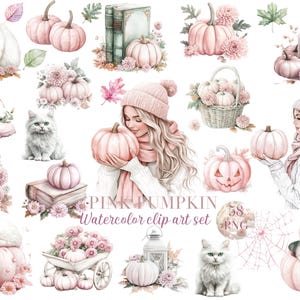 Pink Pumpkin Watercolor Clipart Set: Halloween PNG Stickers (digital ...