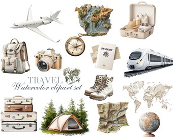Travel Clipart Stickers: Airplane, Suitcase, Camping (PNG Digital Download)