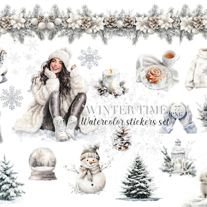 Winter time,winter watercolor clip art stickers,first snow,snowflakes,winter animals,winter spruce