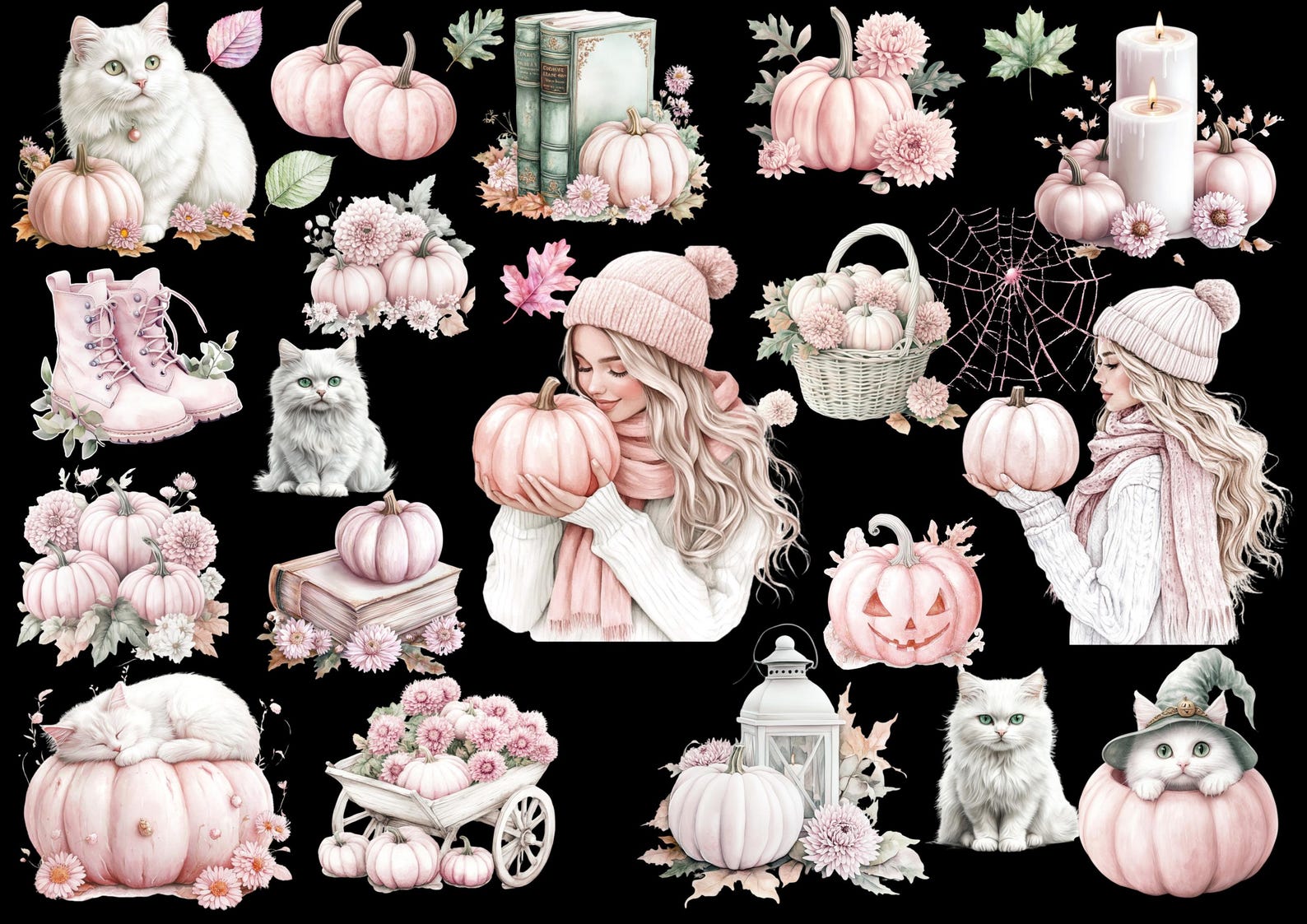 Pink Pumpkin Watercolor Clipart Set: Halloween PNG Stickers (digital ...