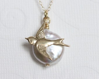 Coin Pearl Necklace Bird Pearl Pendant Gift For Her 14 Karat Gold Filled June Birthstone Gift For Her