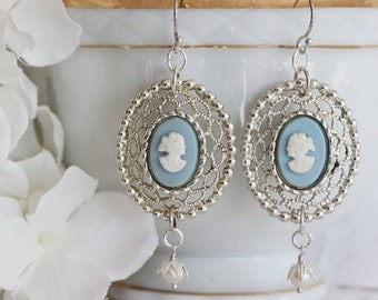 Pendientes Cameo Cuña Madera Azul Cameo Pendientes Joyería Vintage Cameo Joyería Regalo para su Downton Abbey