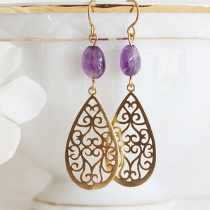 Amethyst Earrings Genuine Amethyst Earrings Amethyst Filagree Dangle Earring Modern Moroccan Earring Gift For Her February Birthstone