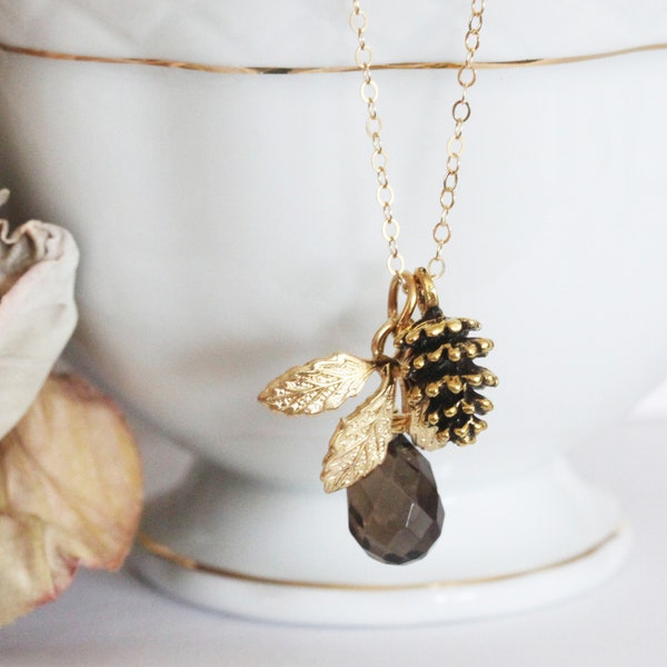 Smokey Topaz Necklace Brown Topaz Pendant Brown Gemstone Necklace November  Birthstone Fall Jewelry Pinecone Leaf Necklace Gift For Her