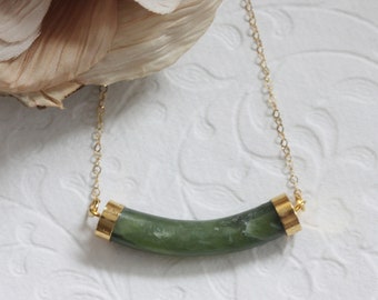 Genuine Jade Bar Necklace GORGEOUS Jade Pendant 14 Karat Gold Filled Jade Tube Necklace March Birthstone Gift for Her