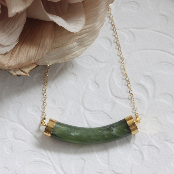 Genuine Jade Bar Necklace GORGEOUS Jade Pendant 14 Karat Gold Filled Jade Tube Necklace March Birthstone Gift for Her