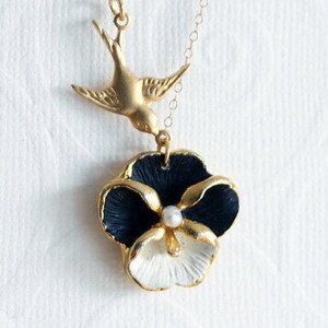 White Quartz Flower Pansy Necklace, 18K Rose Gold