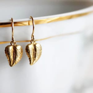 Tiny Gold Leaf Earrings Tiny Earrings 14 Karat Gold Filled Everyday Earrings Nature Jewelry