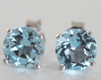 Blue Topaz Stud Earrings 5mm Sterling Silver December Birthday Blue Topaz Gemstones Gift For Her                 r