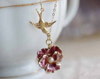 Collana con viola del pensiero, collana con fiori, collana con viola del pensiero pastello, regalo per lei, collana botanica