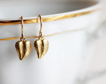 Tiny Gold Leaf Earrings Tiny Earrings 14 Karat Gold Filled Everyday Earrings Nature Jewelry