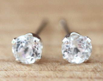 White Topaz Stud Earrings 3mm Sterling Silver with Genuine Topaz  Gift For Her April Birthstone Earrings