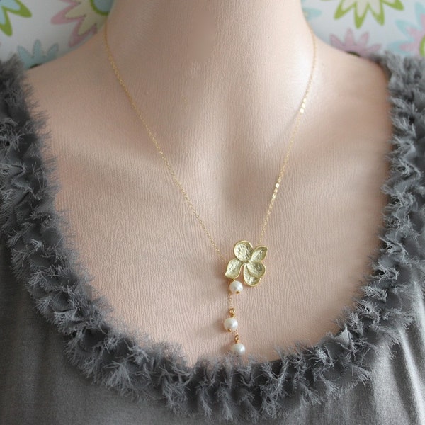Gold Pansy Flower and Dangling White Pearls Necklace  Pearl Lariat Bridesmaid Gift Wedding Necklace
