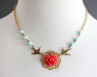 Coral Flower Necklace Turquoise Beaded Necklace Flower Necklace  Gift For Her