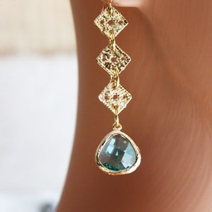 Aqua Blue Earrings Long Dangle Earring Victorian Earrings Gift For Her Bridgerton Jewelry Gold and Aqua Earrings image 4