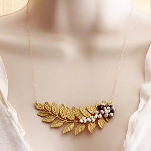 Gold Leaf Pearl Necklace: Wedding Jewelry, Nature Inspired