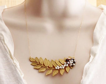 Gold Leaf Necklace Leaf Wedding Necklace Pearl Leaf Necklace Gift For Her Pearl Necklace, Leaf Branch Necklace