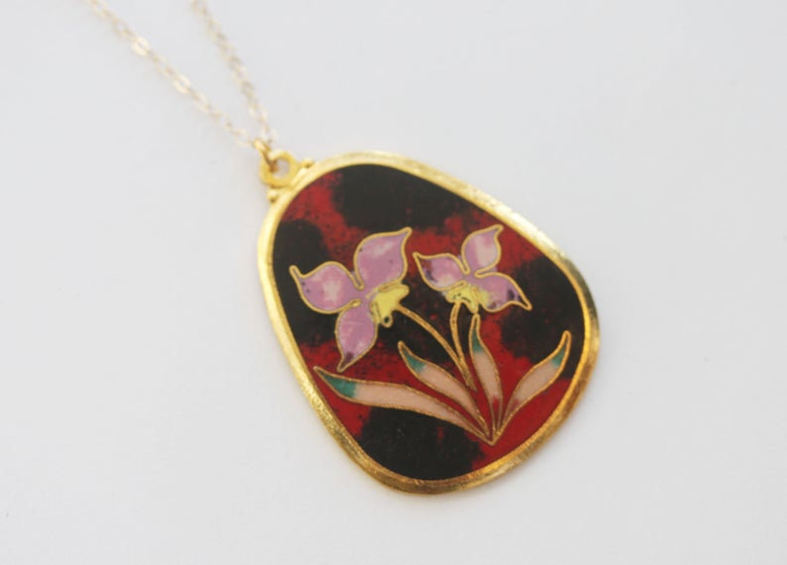 Enamel Flower Necklace Vintage Flower Necklace Iris Pendant Etsy