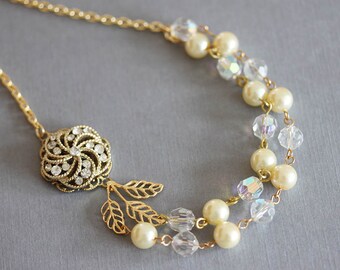 Gold Bridal Necklace Gold Double Strand Wedding Necklace Gift For Her Gold Pearl Necklace Vintage Jewelry