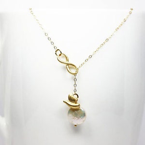 Pearl Infinity Necklace 3D Bird Charm Coin Pearl Gift For Her June Birthstone 14 karat Fine Gold Filled Chain image 3