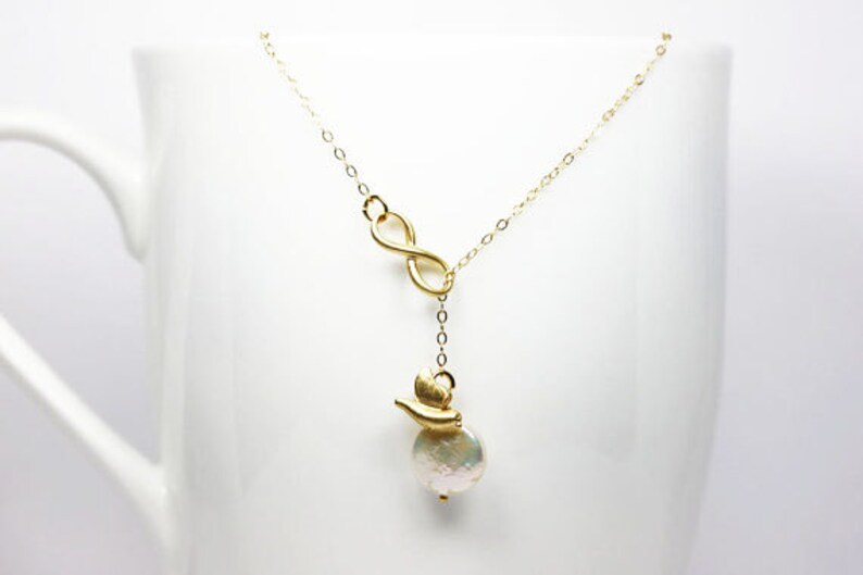 Pearl Infinity Necklace 3D Bird Charm Coin Pearl Gift For Her June Birthstone 14 karat Fine Gold Filled Chain image 3