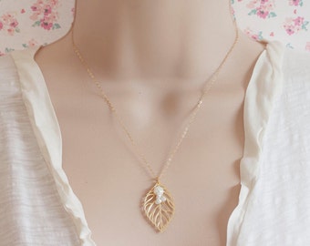 Gold Leaf Necklace Wire Wrapped Pearl Leaf Necklace June Birthstone Leaf Motif Necklace Gift For Her