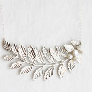 Silver Leaf Necklace Leaf Wedding Necklace  Pearl Leaf Necklace  Bridgerton Necklace Gift For Her Statement Necklace