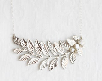 Silver Leaf Necklace Leaf Wedding Necklace  Pearl Leaf Necklace  Bridgerton Necklace Gift For Her Statement Necklace