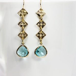 Aqua Blue Earrings Long Dangle Earring Victorian Earrings Gift For Her Bridgerton Jewelry Gold and Aqua Earrings image 1