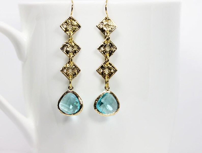 Aqua Blue Earrings Long Dangle Earring Victorian Earrings Gift For Her Bridgerton Jewelry Gold and Aqua Earrings image 1
